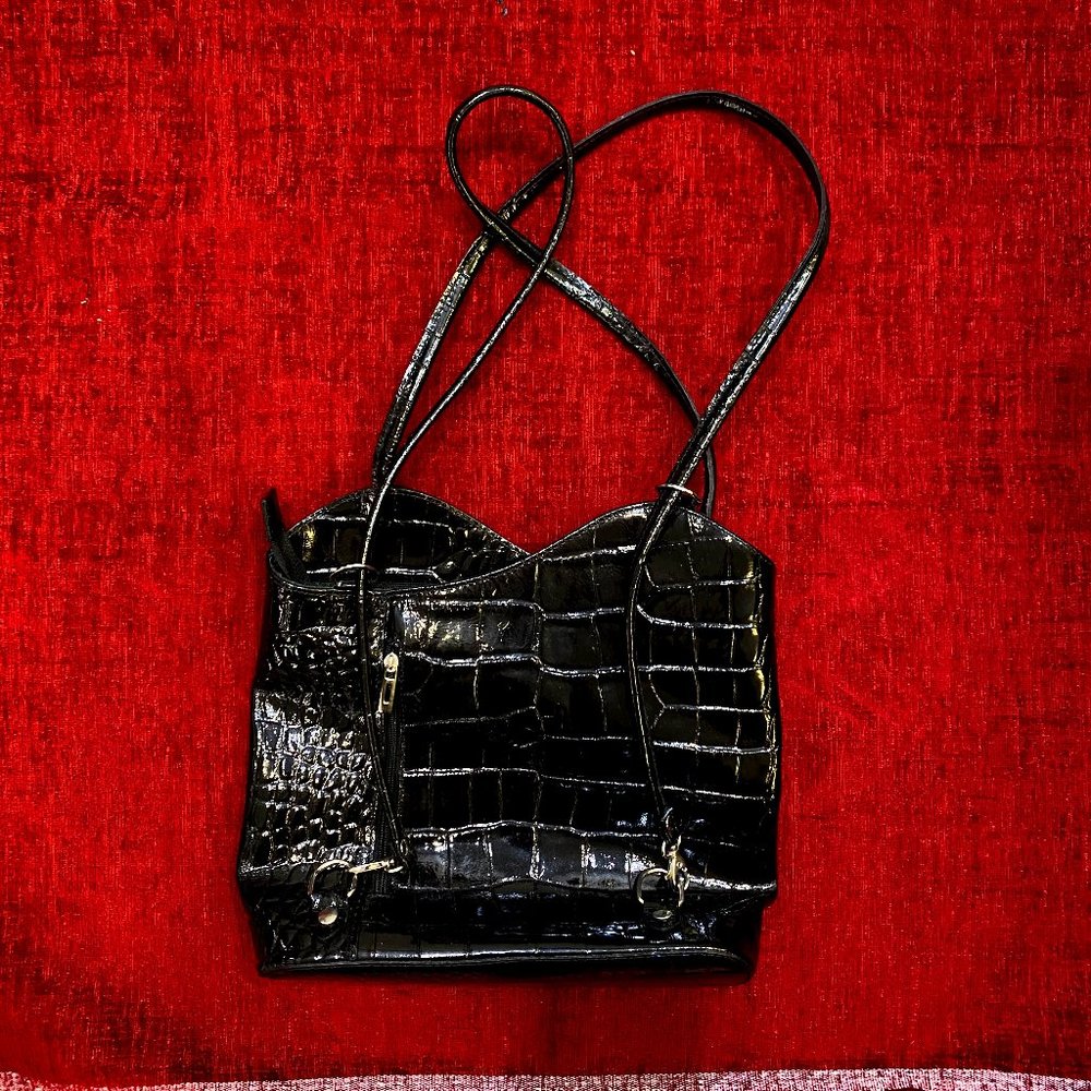 Vintage Pelletteria Mario 3-in-1 Croc-Embossed Italian Leather Bag - Black